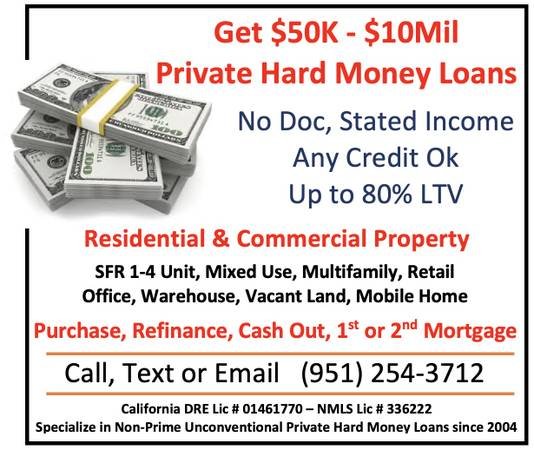 Hard Money Commercial Loans - No Doc Stated Income (951-254-3712 Los Angeles CA)